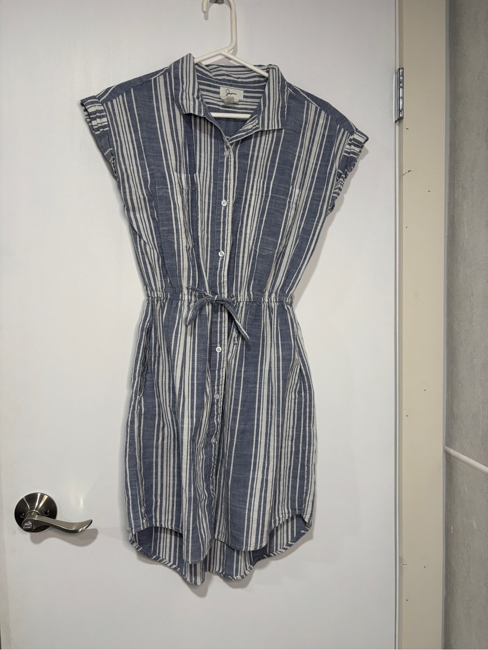 100% Cotton Blue and White Striped High-Low Shirt Dress with Waist Tie
